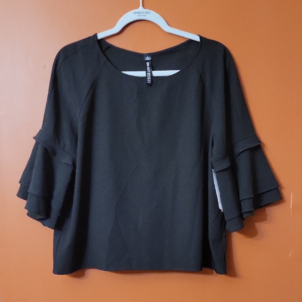 Design Lab Lord & Taylor Black Tiered Ruffle Sleeve Blouse